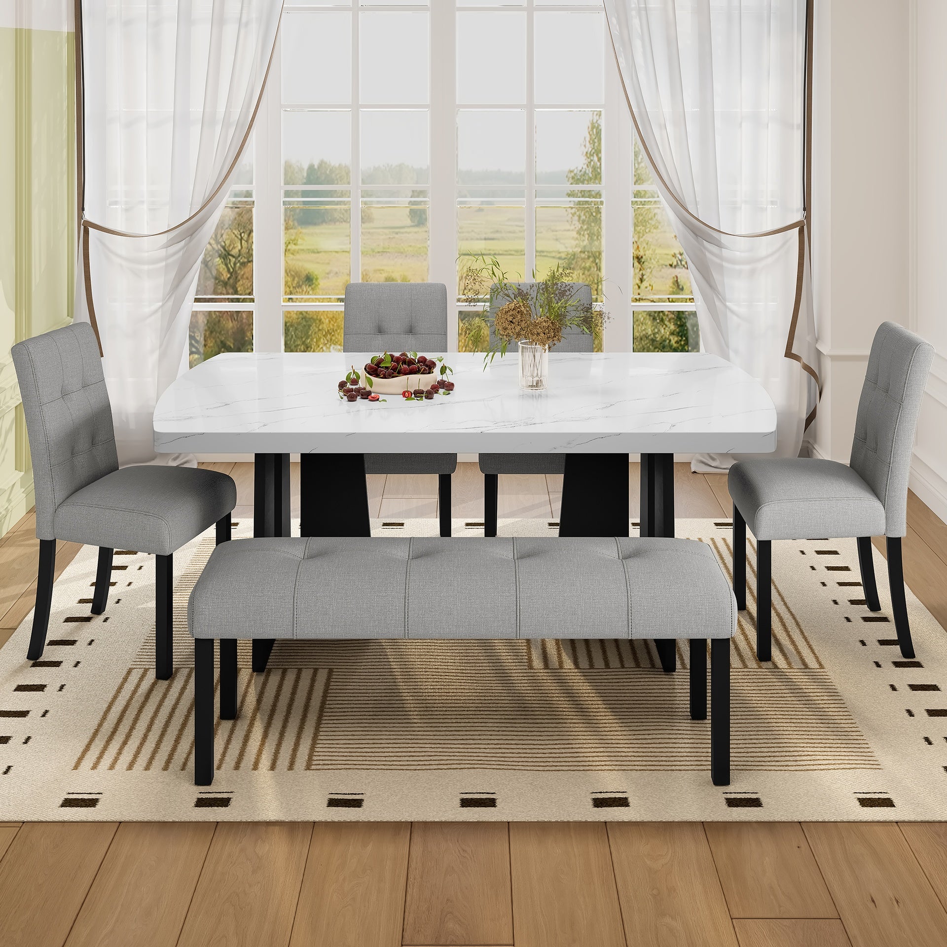 6 Piece Modern Dining Table Set, 63" Faux Marble Dining Table with Geometric Legs & 4 Upholstered Chairs & 1 Bench, Suitable for Dining Kitchen Room,Easy to Assemble, White+Gray