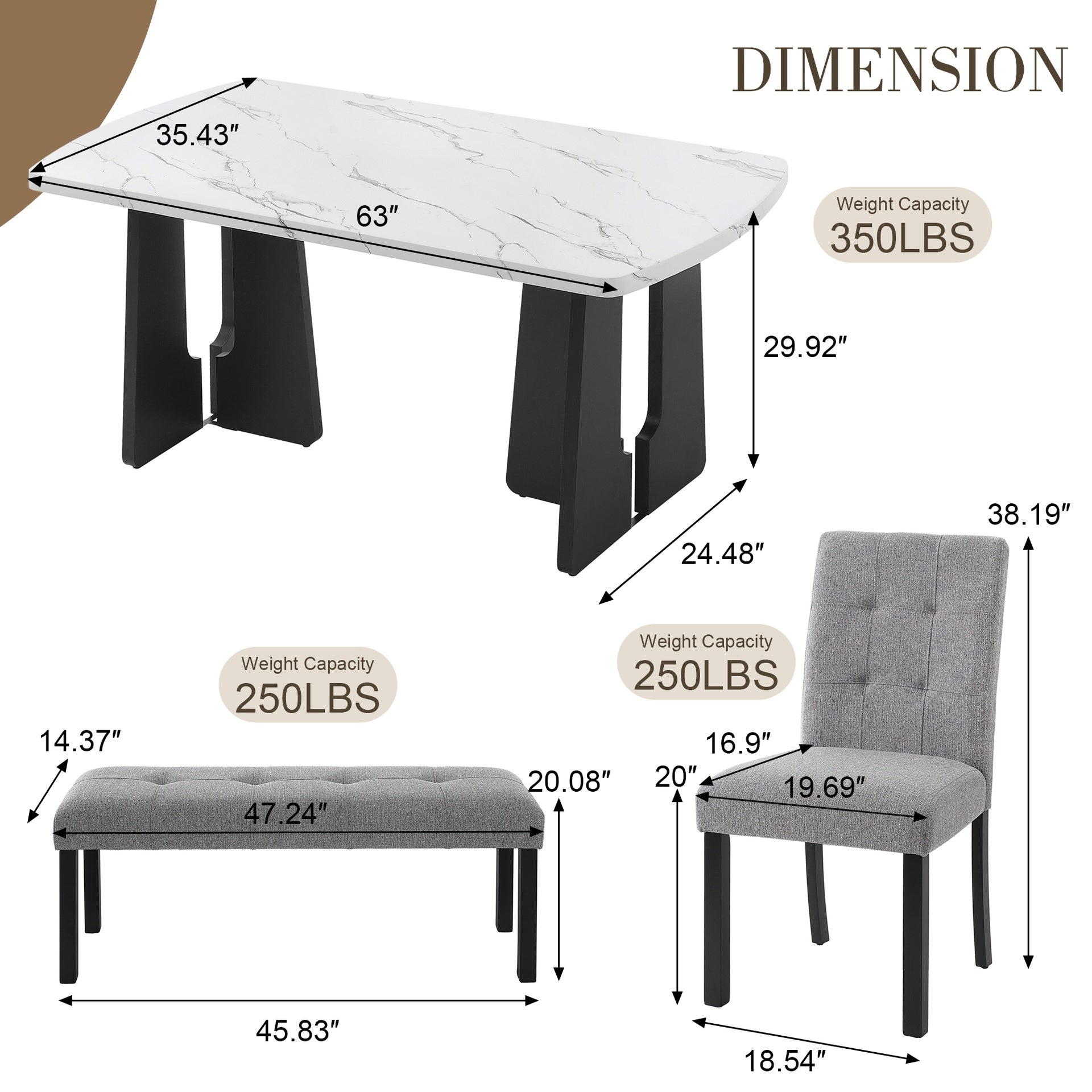 6 Piece Modern Dining Table Set, 63" Faux Marble Dining Table with Geometric Legs & 4 Upholstered Chairs & 1 Bench, Suitable for Dining Kitchen Room,Easy to Assemble, White+Gray