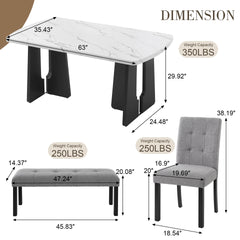 6 Piece Modern Dining Table Set, 63" Faux Marble Dining Table with Geometric Legs & 4 Upholstered Chairs & 1 Bench, Suitable for Dining Kitchen Room,Easy to Assemble, White+Gray