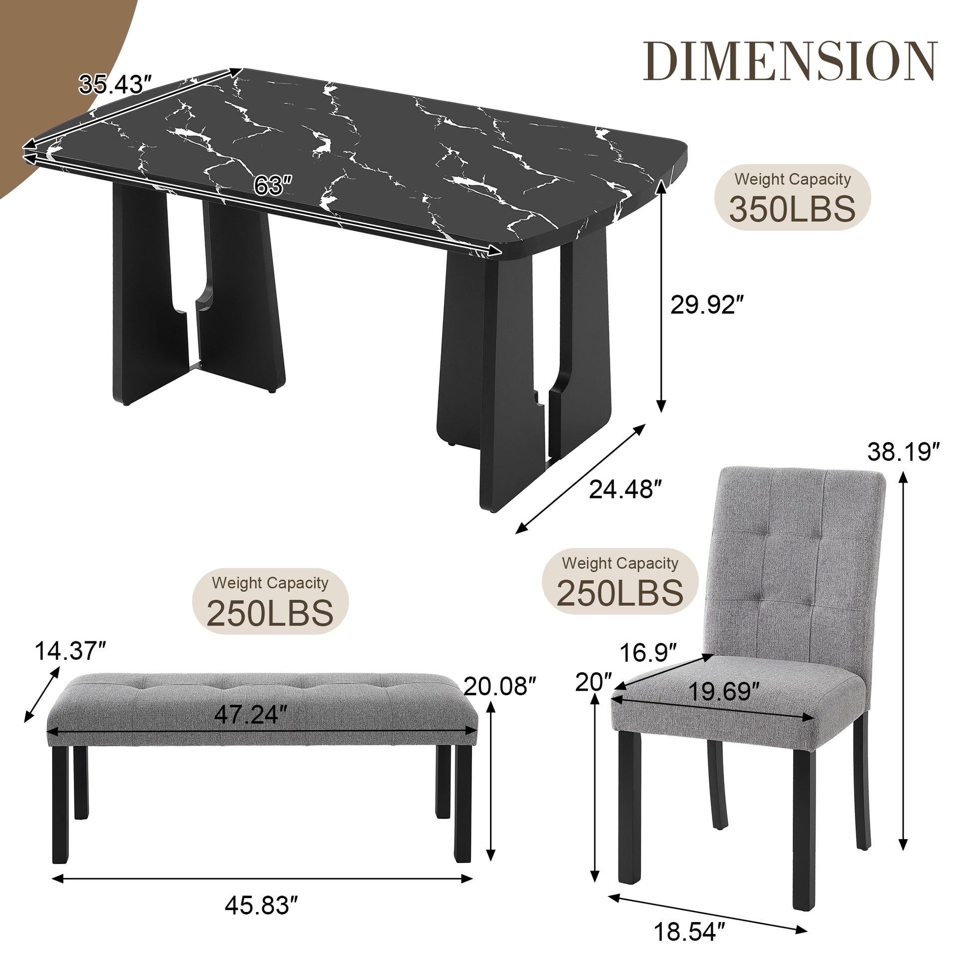 6 Piece Modern Dining Table Set, 63" Faux Marble Dining Table with Geometric Legs & 4 Upholstered Chairs & 1 Bench, Suitable for Dining Kitchen Room,Easy to Assemble, Black + Gray