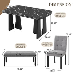 6 Piece Modern Dining Table Set, 63" Faux Marble Dining Table with Geometric Legs & 4 Upholstered Chairs & 1 Bench, Suitable for Dining Kitchen Room,Easy to Assemble, Black + Gray