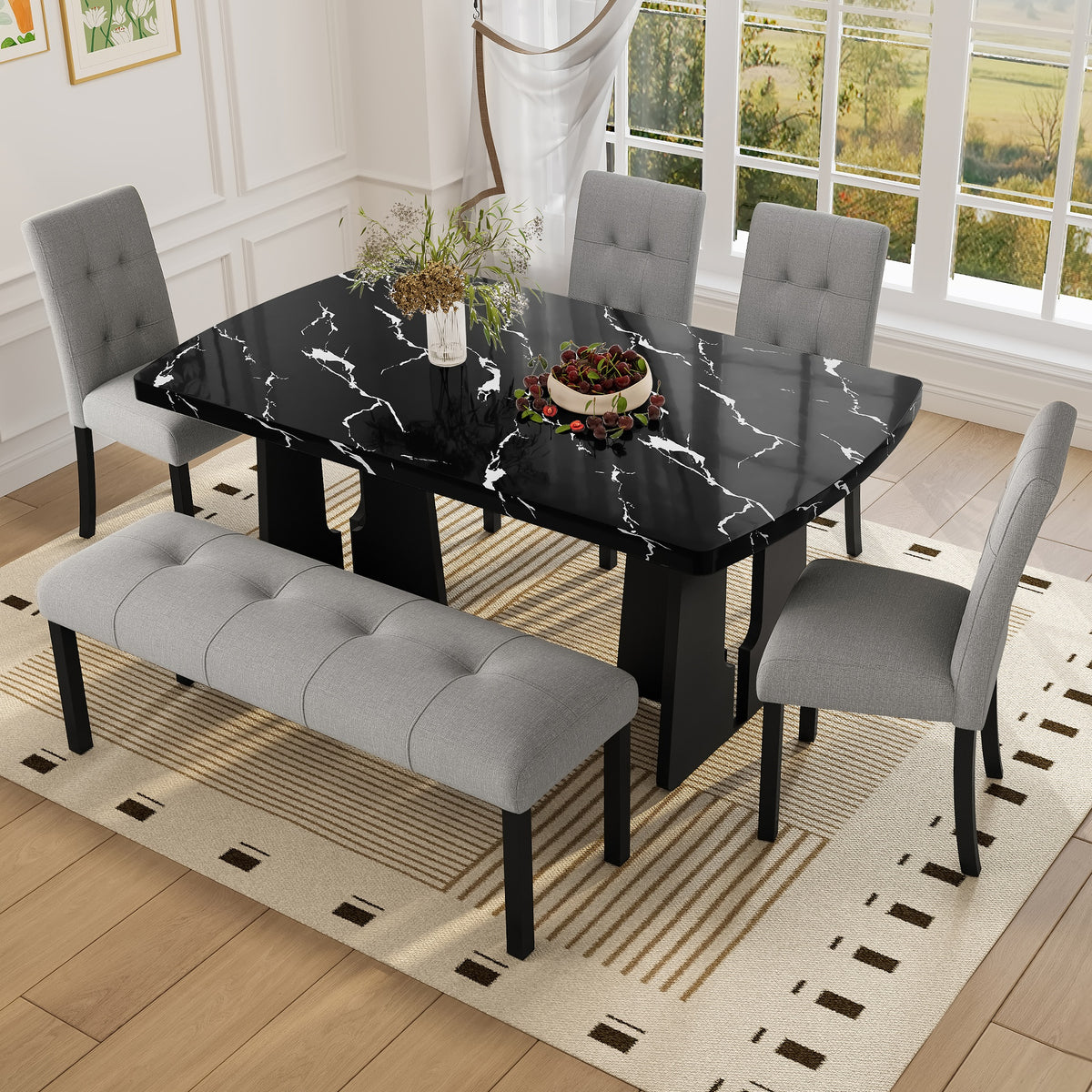 6 Piece Modern Dining Table Set, 63" Faux Marble Dining Table with Geometric Legs & 4 Upholstered Chairs & 1 Bench, Suitable for Dining Kitchen Room,Easy to Assemble, Black + Gray