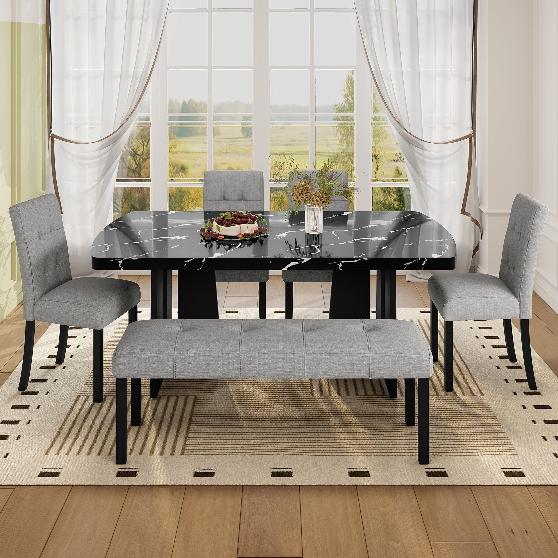 6 Piece Modern Dining Table Set, 63" Faux Marble Dining Table with Geometric Legs & 4 Upholstered Chairs & 1 Bench, Suitable for Dining Kitchen Room,Easy to Assemble, Black + Gray