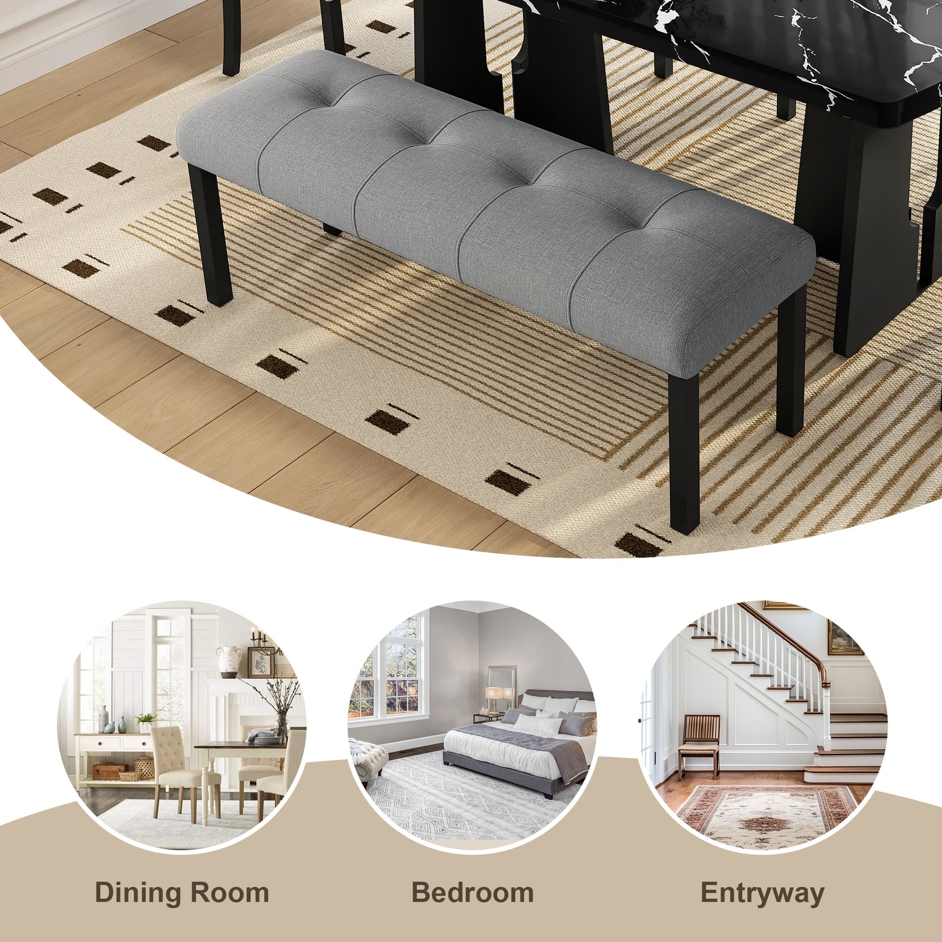Modern Tufted Linen Dining Bench, Farmhouse Upholstered Entryway Bench with Black Rubber Wood Legs, Versatile for Kitchen, Bedroom, Hallway, Gray