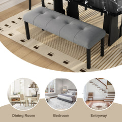 Modern Tufted Linen Dining Bench, Farmhouse Upholstered Entryway Bench with Black Rubber Wood Legs, Versatile for Kitchen, Bedroom, Hallway, Gray