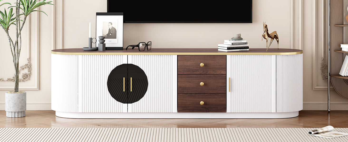 VIBE HAUS 70.8'' Modern Minimalist TV Stand for TVs up to 80 Inches, Entertainment Center with 3 Drawers and 1 Shelf, Metal Handles and 2 Cabinets for Living room