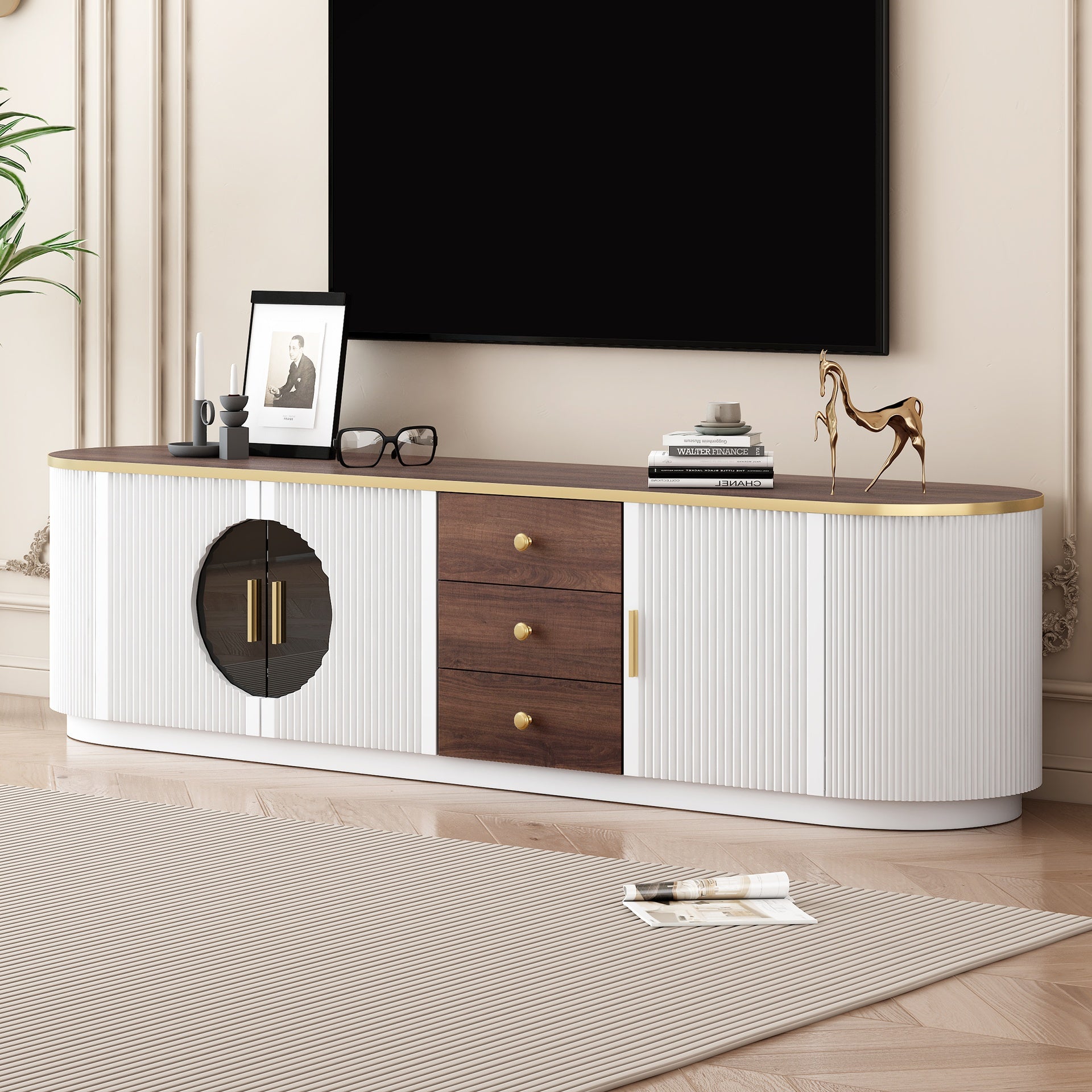 VIBE HAUS 70.8'' Modern Minimalist TV Stand for TVs up to 80 Inches, Entertainment Center with 3 Drawers and 1 Shelf, Metal Handles and 2 Cabinets for Living room