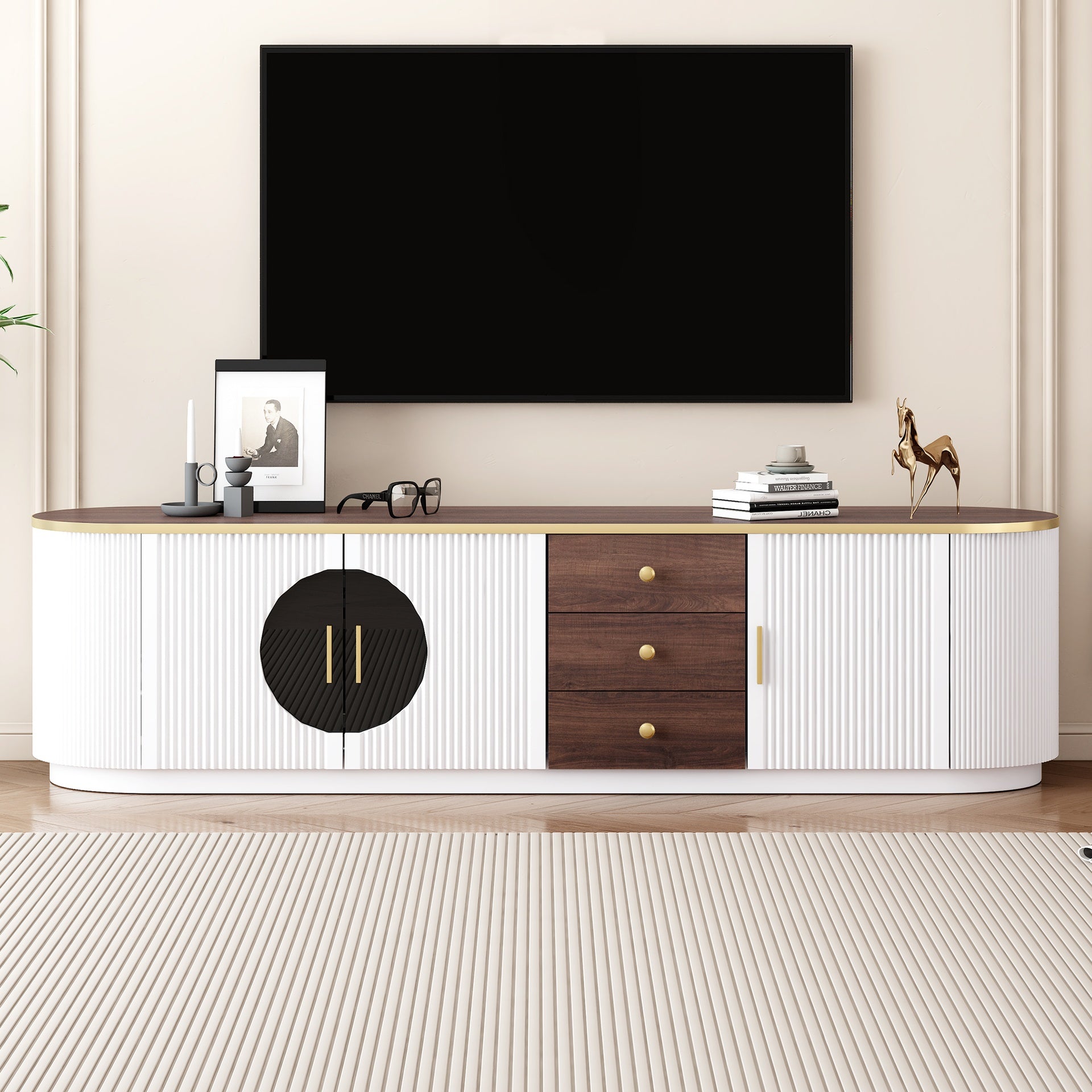 VIBE HAUS 70.8'' Modern Minimalist TV Stand for TVs up to 80 Inches, Entertainment Center with 3 Drawers and 1 Shelf, Metal Handles and 2 Cabinets for Living room