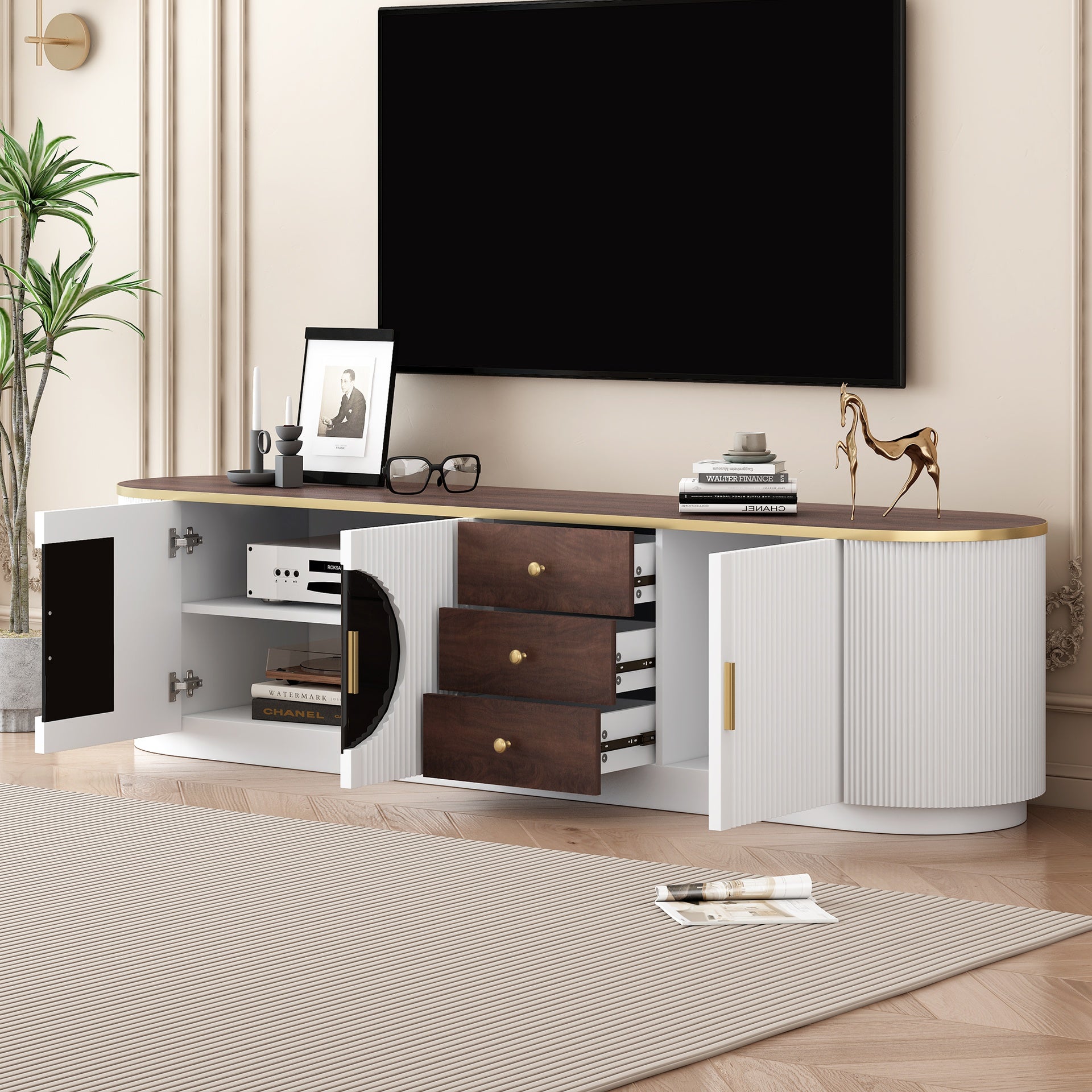 VIBE HAUS 70.8'' Modern Minimalist TV Stand for TVs up to 80 Inches, Entertainment Center with 3 Drawers and 1 Shelf, Metal Handles and 2 Cabinets for Living room