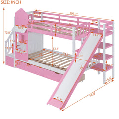 Twin-Over-Twin Castle Style Bunk Bed with 2 Drawers 3 Shelves and Slide - Pink(OLD SKU:LT000559AAH-2)