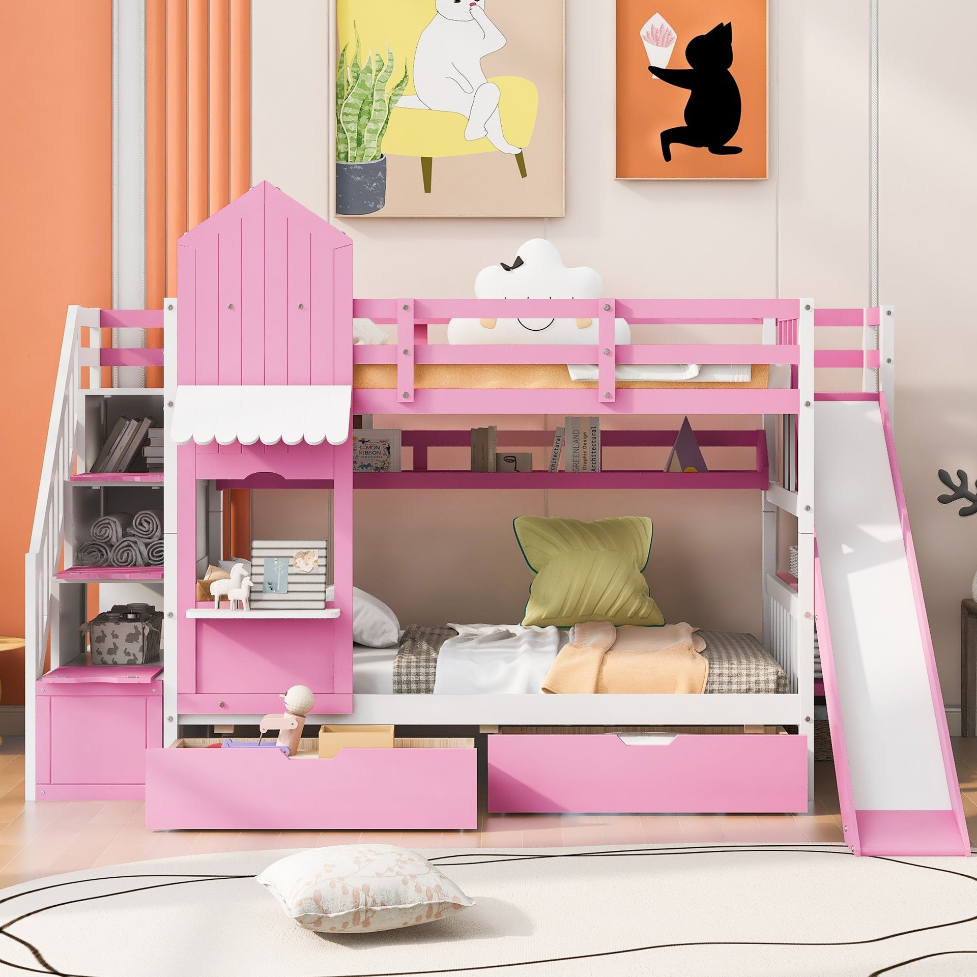 Twin-Over-Twin Castle Style Bunk Bed with 2 Drawers 3 Shelves and Slide - Pink(OLD SKU:LT000559AAH-2)