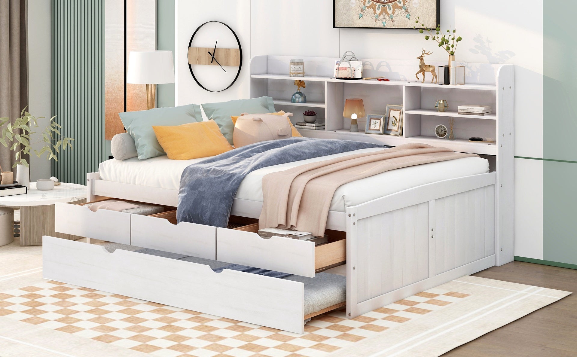 Full Size Wooden Captain Bed with Built-in Bookshelves,Three Storage Drawers and Trundle,White Wash