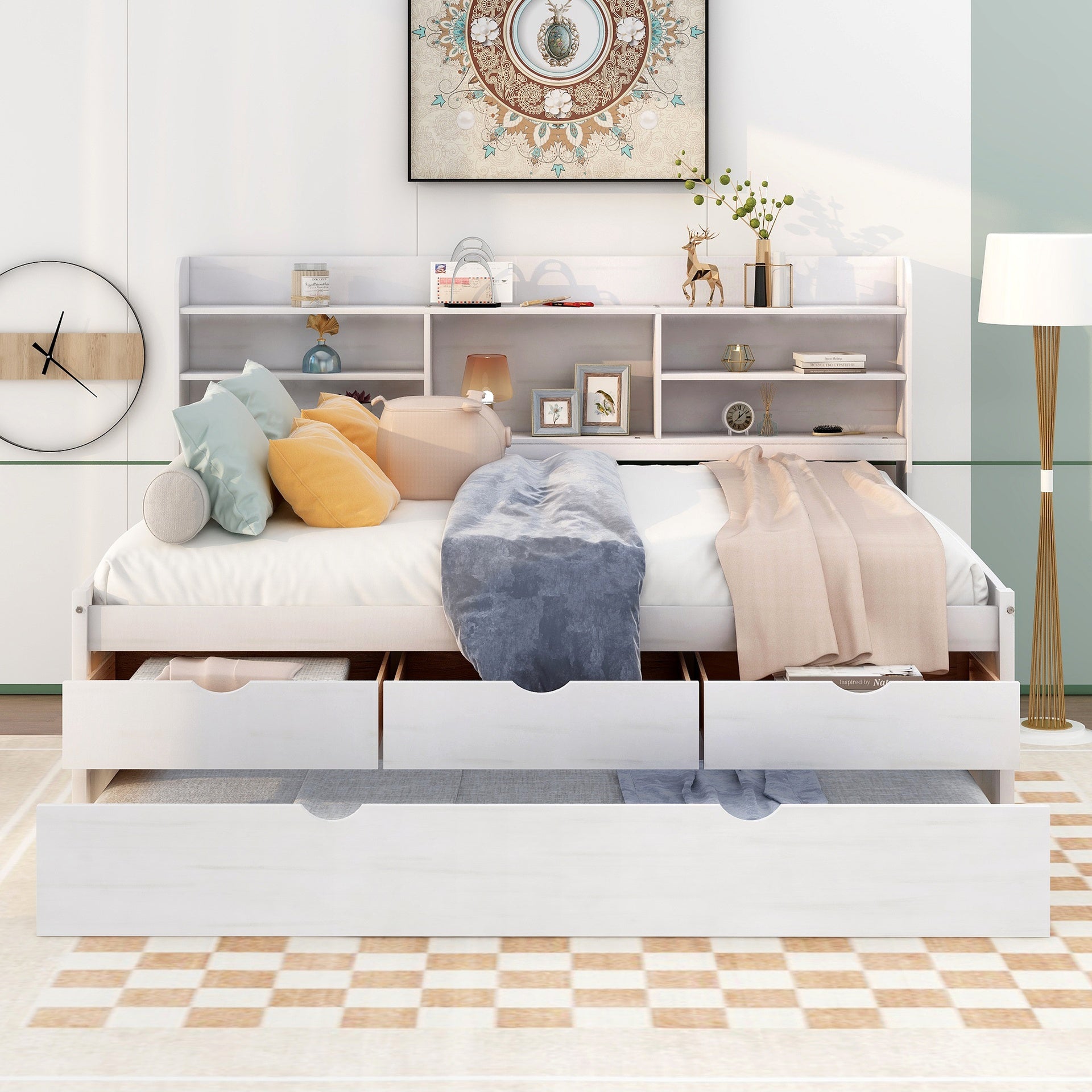 Full Size Wooden Captain Bed with Built-in Bookshelves,Three Storage Drawers and Trundle,White Wash