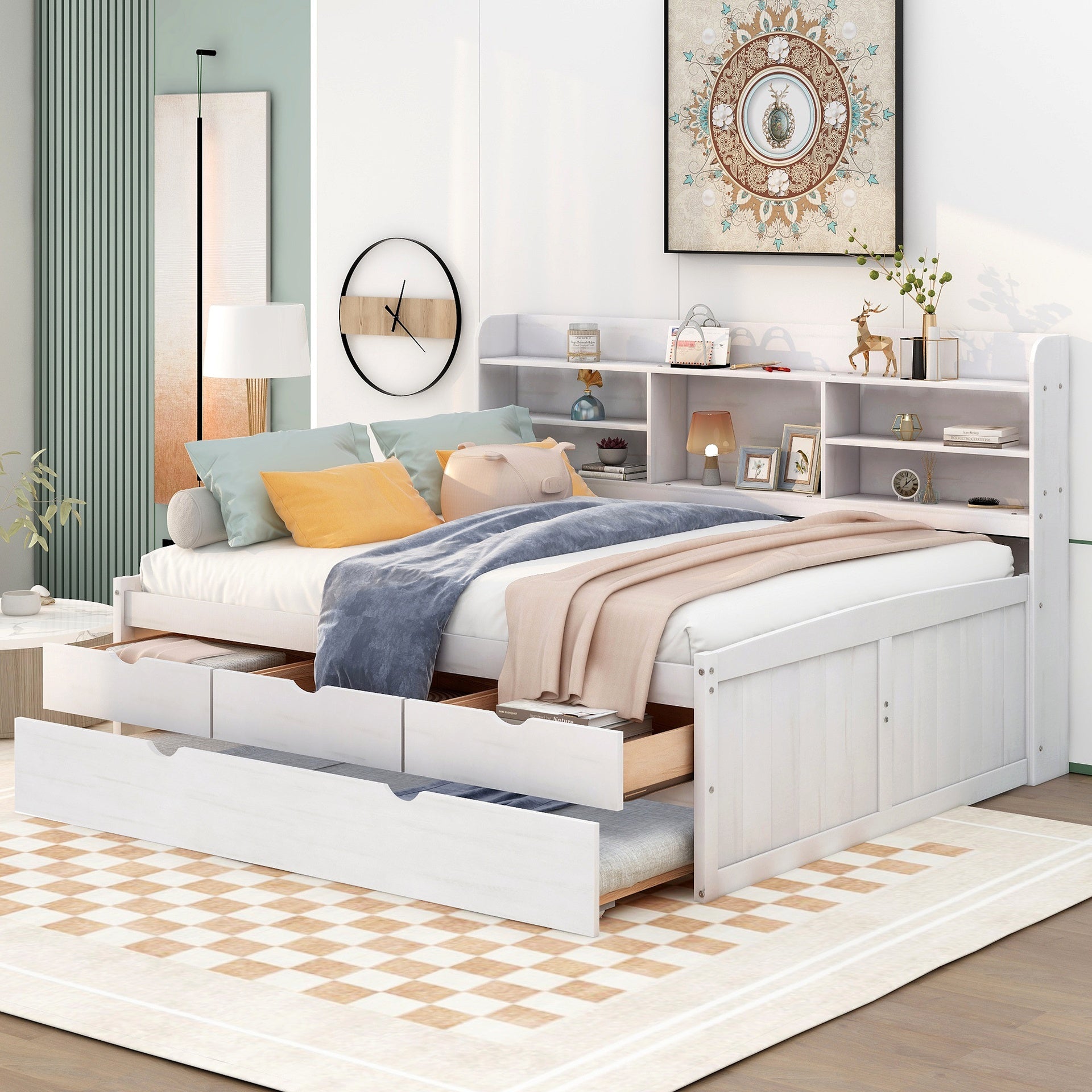 Full Size Wooden Captain Bed with Built-in Bookshelves,Three Storage Drawers and Trundle,White Wash