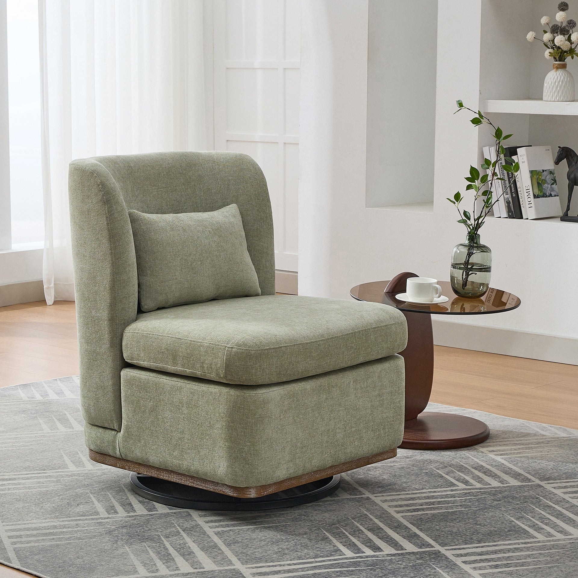 25.2 "Wide Modern Chenille Cushioned Armless Metal Base 360° Swivel Chair with Pillow, Suitable for Living Room, Family Room, Bedroom, Lounge Area, Office.  Pale Green
