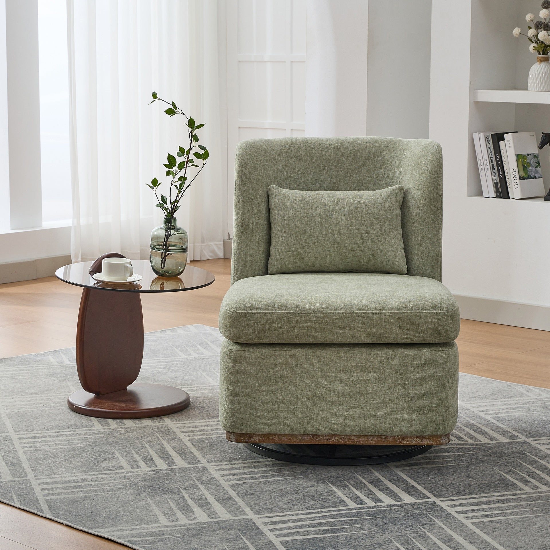 25.2 "Wide Modern Chenille Cushioned Armless Metal Base 360° Swivel Chair with Pillow, Suitable for Living Room, Family Room, Bedroom, Lounge Area, Office.  Pale Green
