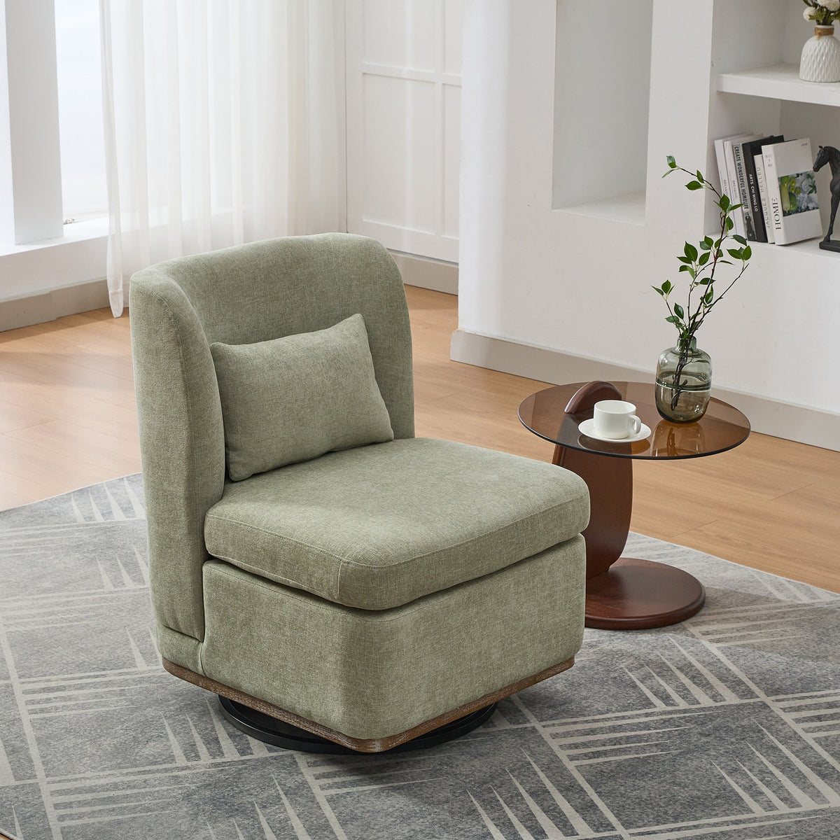 25.2 "Wide Modern Chenille Cushioned Armless Metal Base 360° Swivel Chair with Pillow, Suitable for Living Room, Family Room, Bedroom, Lounge Area, Office.  Pale Green
