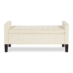 Upholstered Tufted Button Storage Bench with nails trim,Entryway Living Room Soft Padded Seat with Armrest,Bed Bench - Cream