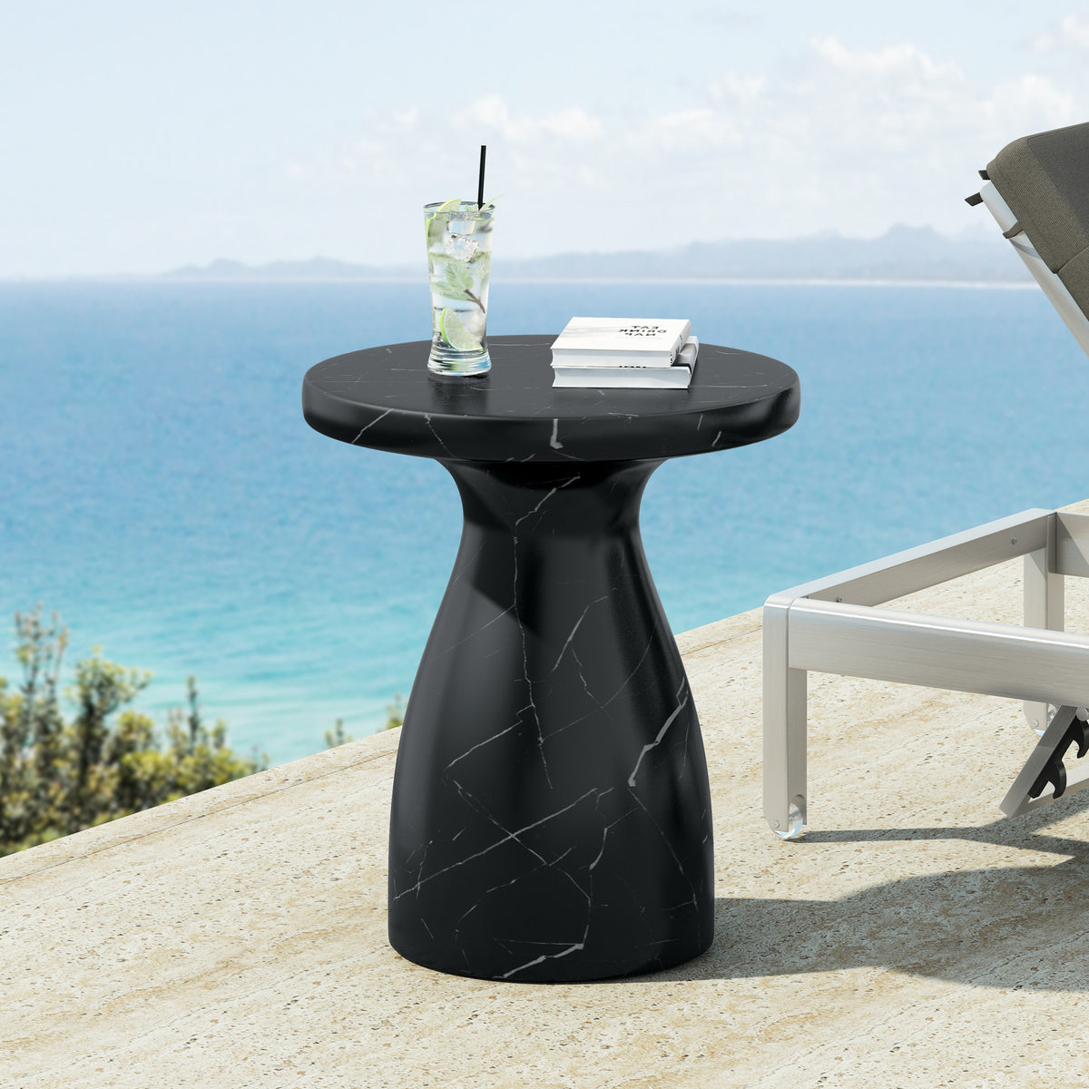 Outdoor Travertine MGO Side Table,Light Weight Concrete End Table,Black Marble Effect