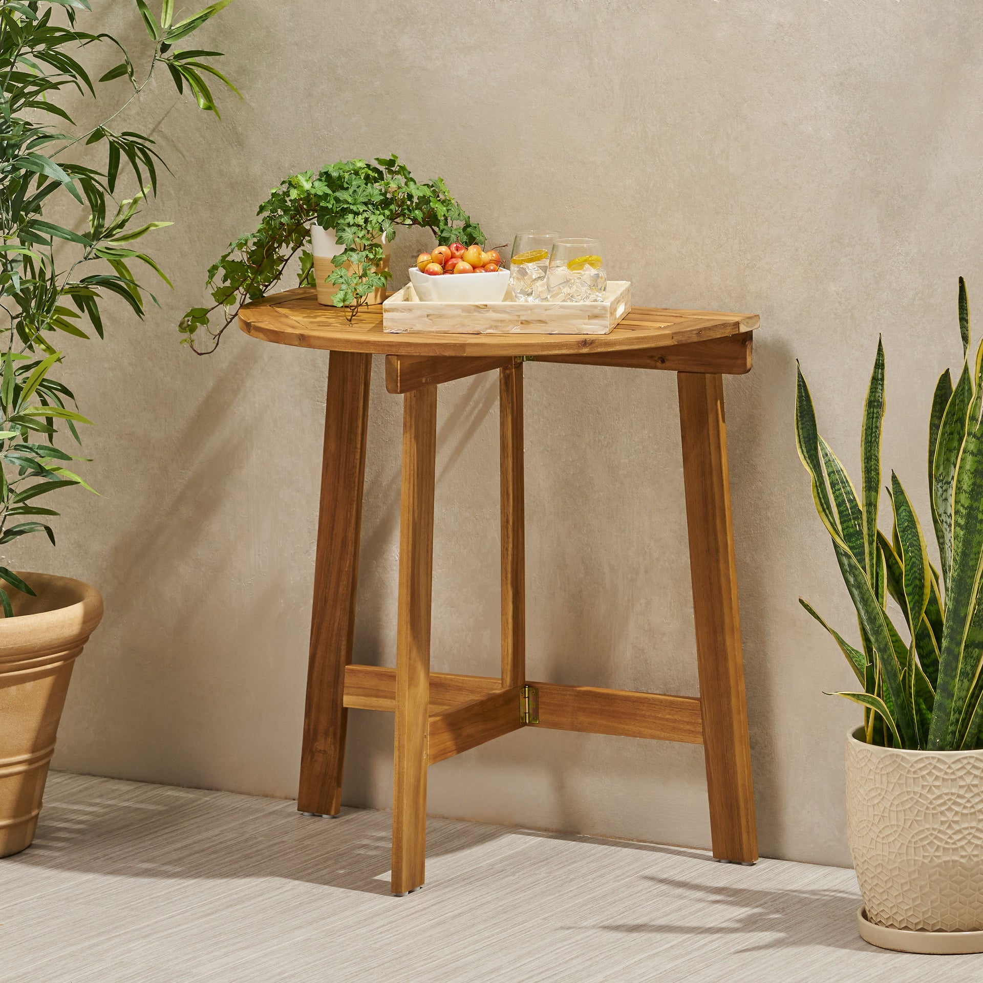 Outdoor Half-Round Folding Acacia Wood Bistro Table, Natural