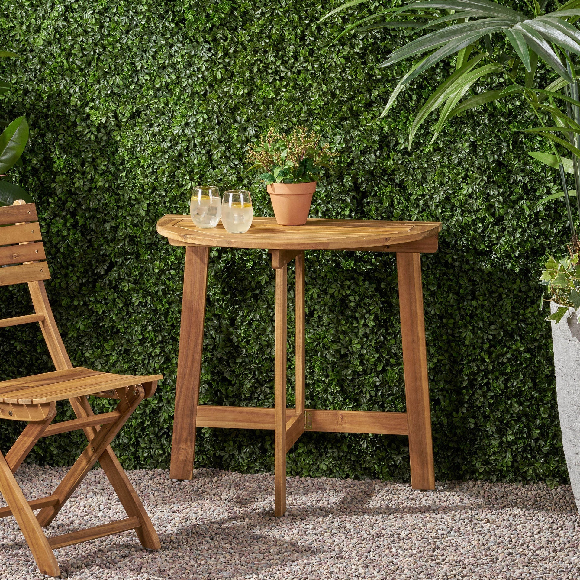 Outdoor Half-Round Folding Acacia Wood Bistro Table, Natural