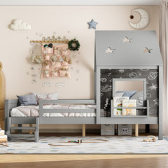 Full House Beds with Low-Profile Stairs and a Window, Solid Wood House Platform Bed with a Bookcase, Blackboard Design, and Cute Star-shape Roof, No Box Spring Needed, Gray