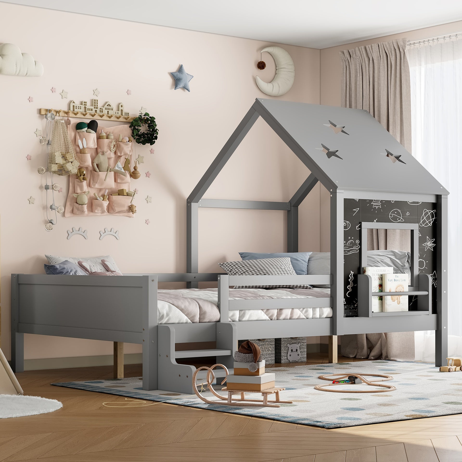 Full House Beds with Low-Profile Stairs and a Window, Solid Wood House Platform Bed with a Bookcase, Blackboard Design, and Cute Star-shape Roof, No Box Spring Needed, Gray