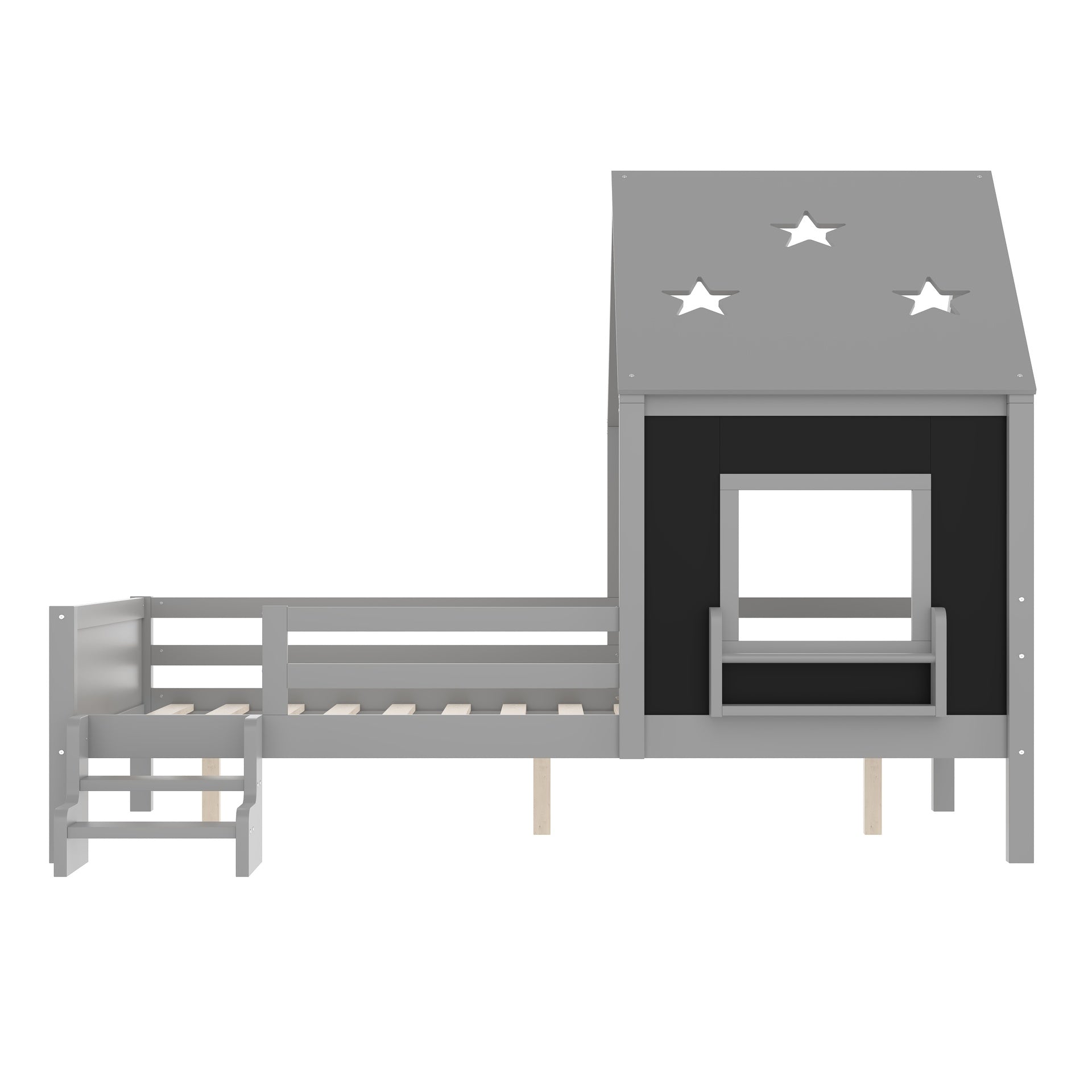 Full House Beds with Low-Profile Stairs and a Window, Solid Wood House Platform Bed with a Bookcase, Blackboard Design, and Cute Star-shape Roof, No Box Spring Needed, Gray
