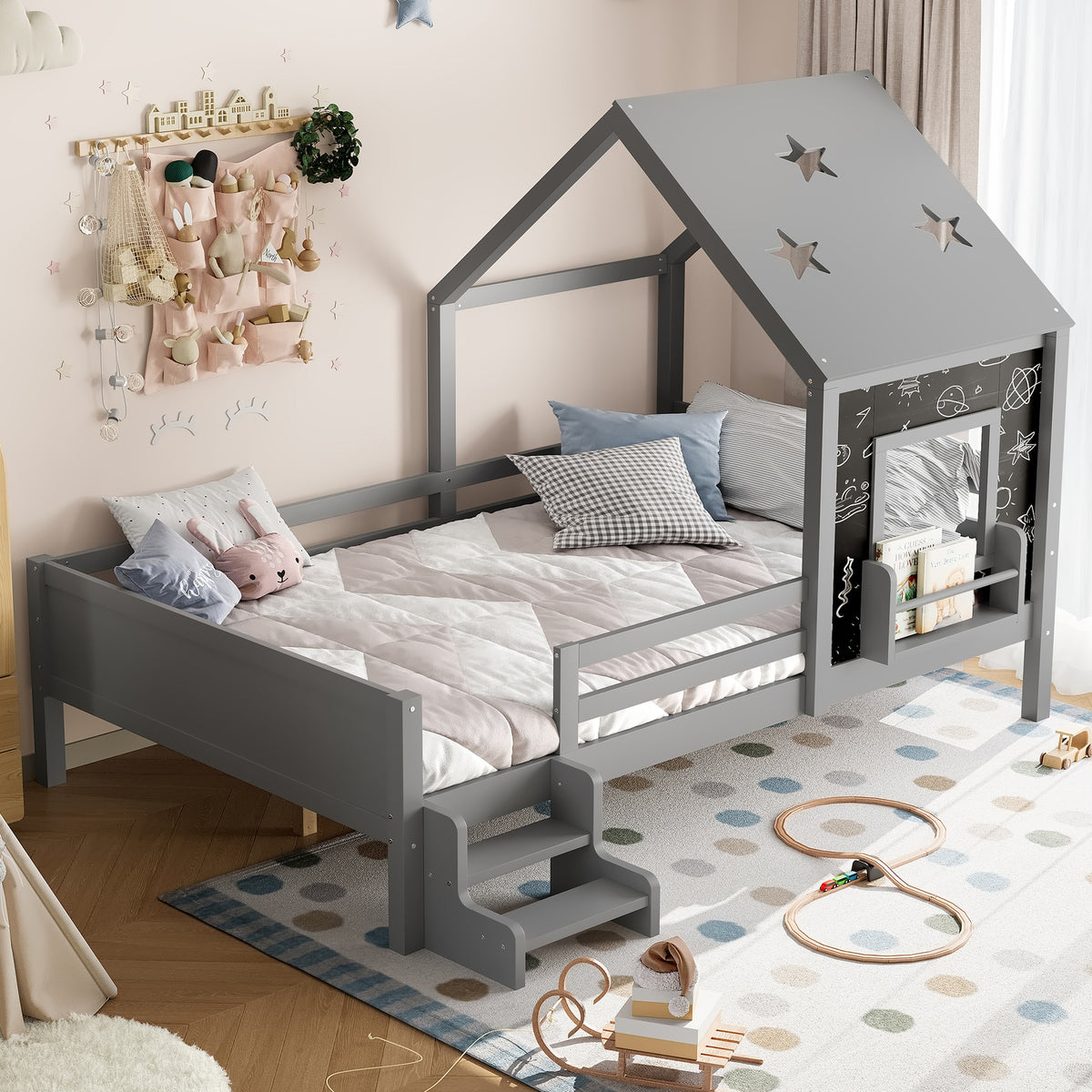 Full House Beds with Low-Profile Stairs and a Window, Solid Wood House Platform Bed with a Bookcase, Blackboard Design, and Cute Star-shape Roof, No Box Spring Needed, Gray