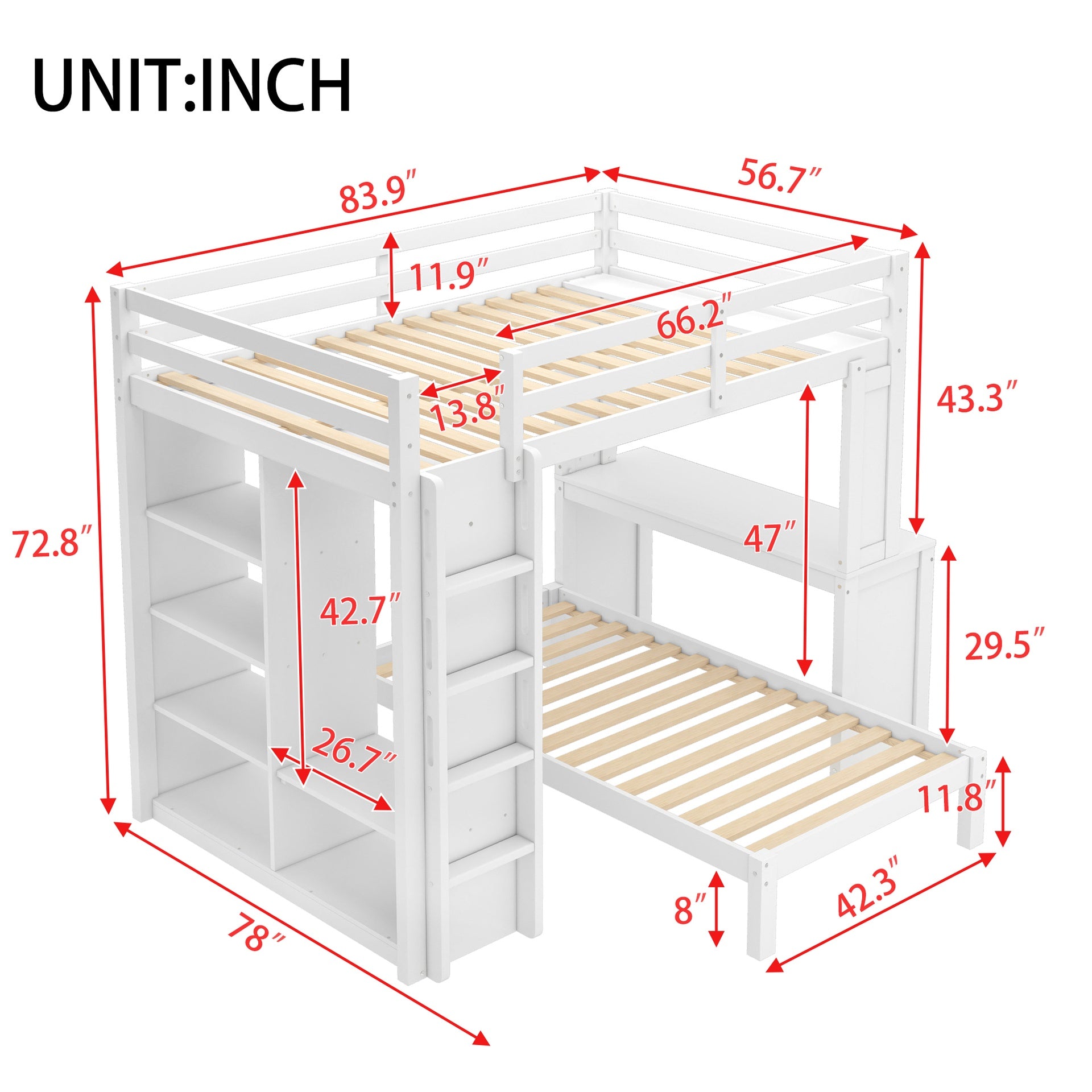 Full XL/Full over Twin Bunk Bed with Dismountable Lower Bed and Desk, Solid Wood Bunk Beds Frame with Built-in Shelves and Wardrobe, Can be Converted into Loft Bed, White