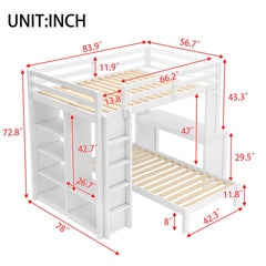 Full XL/Full over Twin Bunk Bed with Dismountable Lower Bed and Desk, Solid Wood Bunk Beds Frame with Built-in Shelves and Wardrobe, Can be Converted into Loft Bed, White
