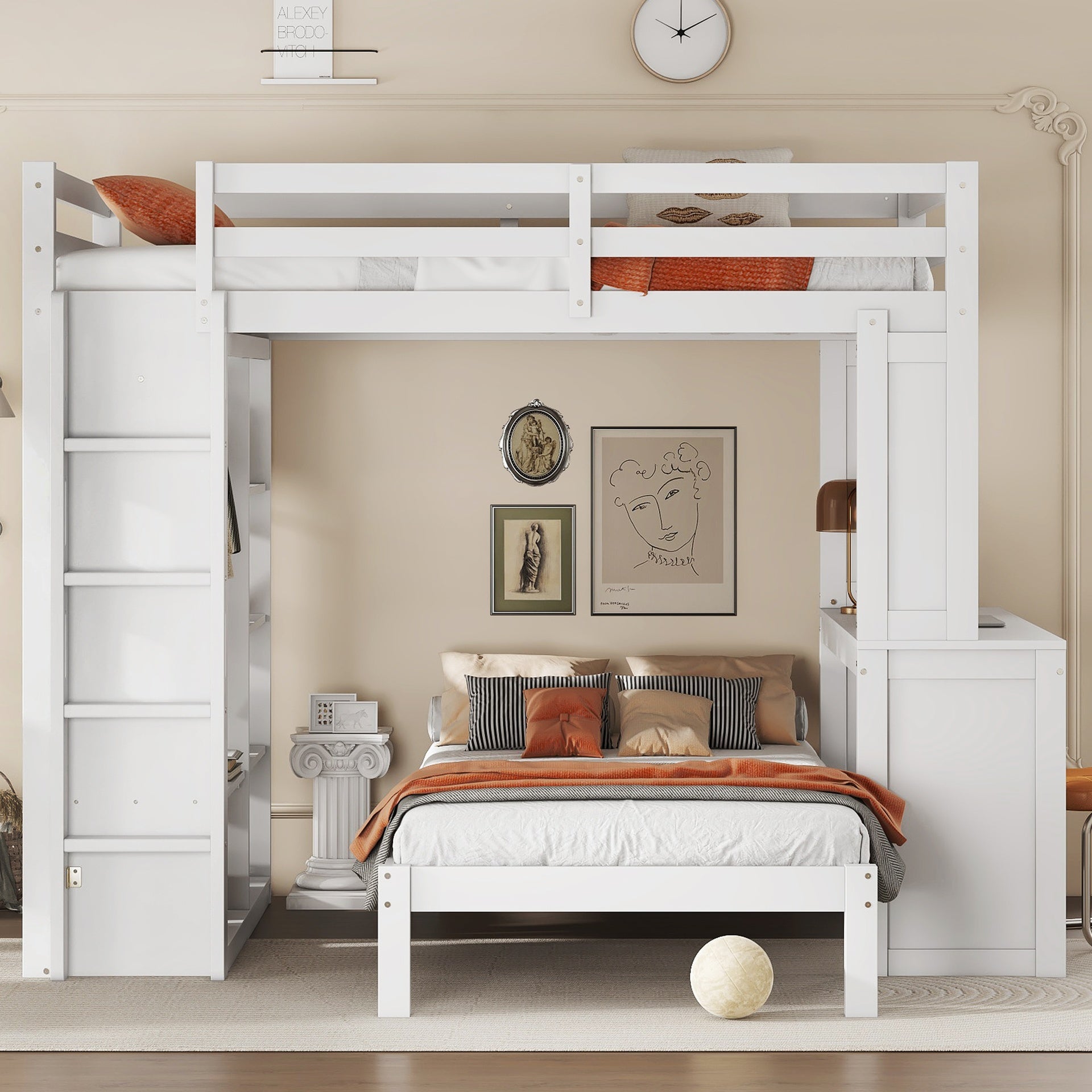 Full XL/Full over Twin Bunk Bed with Dismountable Lower Bed and Desk, Solid Wood Bunk Beds Frame with Built-in Shelves and Wardrobe, Can be Converted into Loft Bed, White