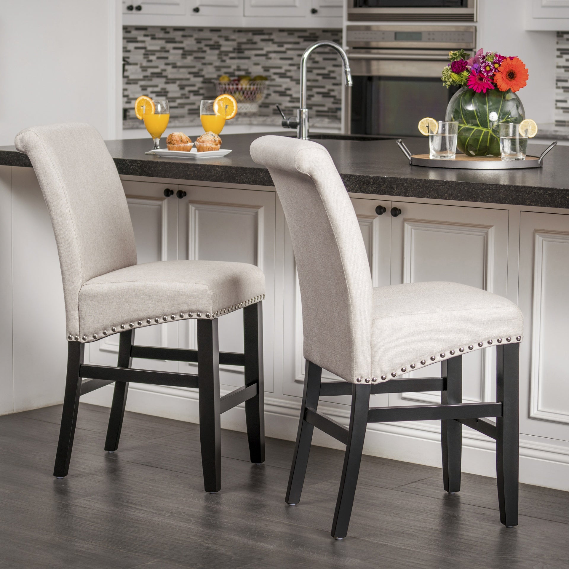 25" Contemporary Upholstered Counter Stools with Nailhead Trim (Set of 2), Wheat/Matte Black, Fabric
