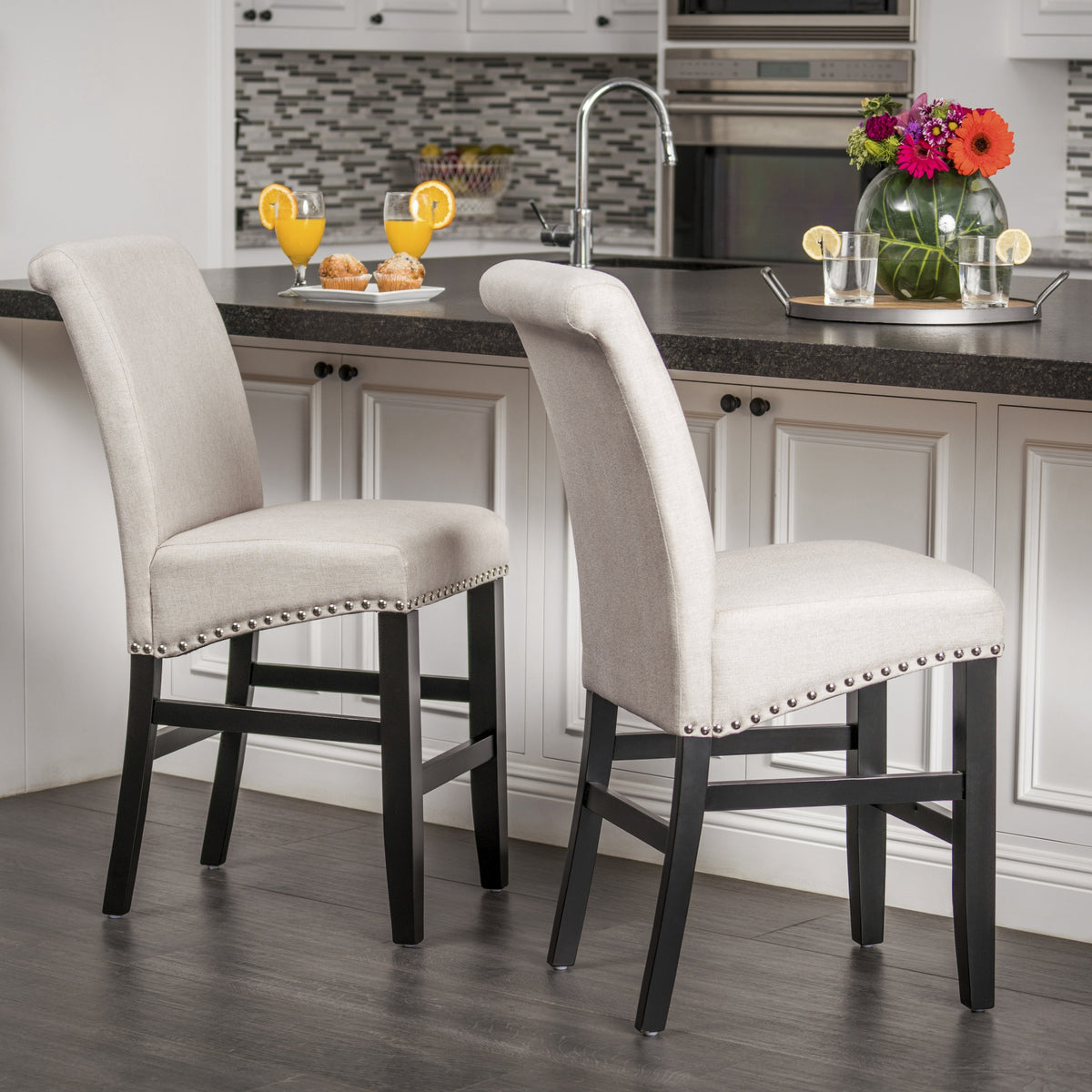 25" Contemporary Upholstered Counter Stools with Nailhead Trim (Set of 2), Wheat/Matte Black, Fabric