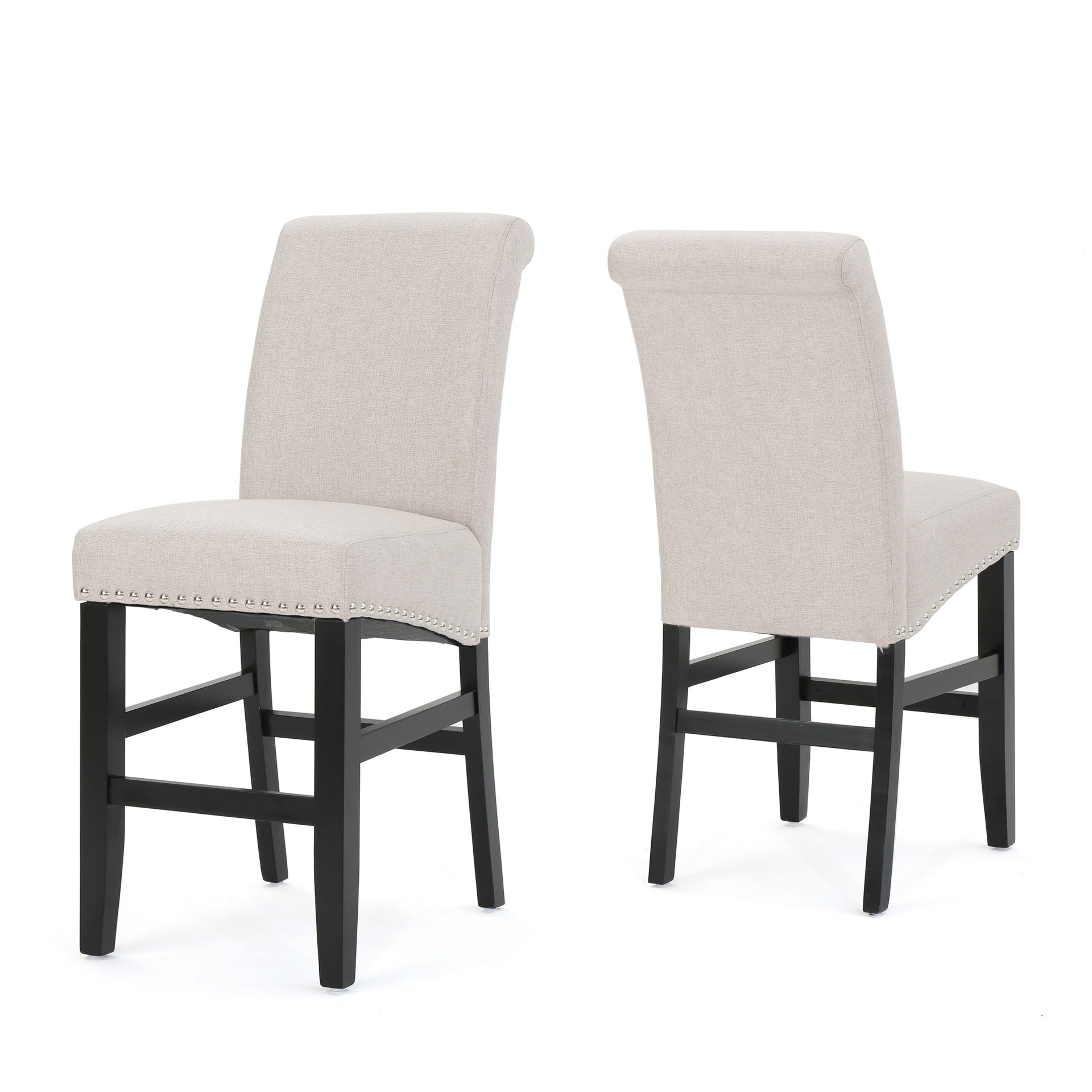 25" Contemporary Upholstered Counter Stools with Nailhead Trim (Set of 2), Wheat/Matte Black, Fabric