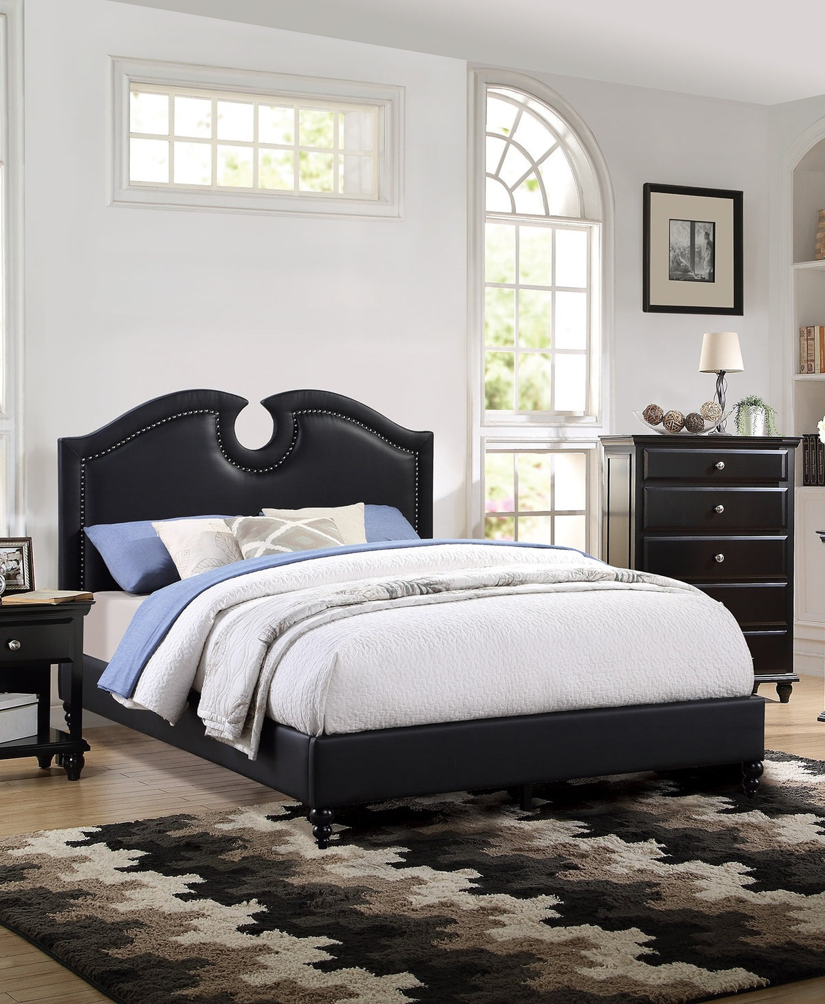 Black Faux Leather Unique Design Headboard 1pc California King Size Bed Bedroom Furniture Nailhead Upholstered Modern Bedframe