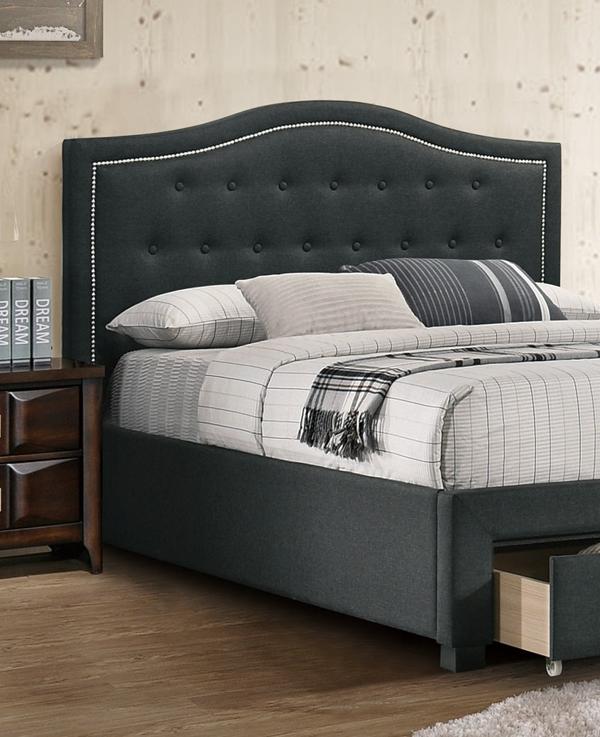 California King Size Bed 1pc Button Tufted Arch Design Headboard Storage Footboard Chaorcoal Finish Bedroom Furniture