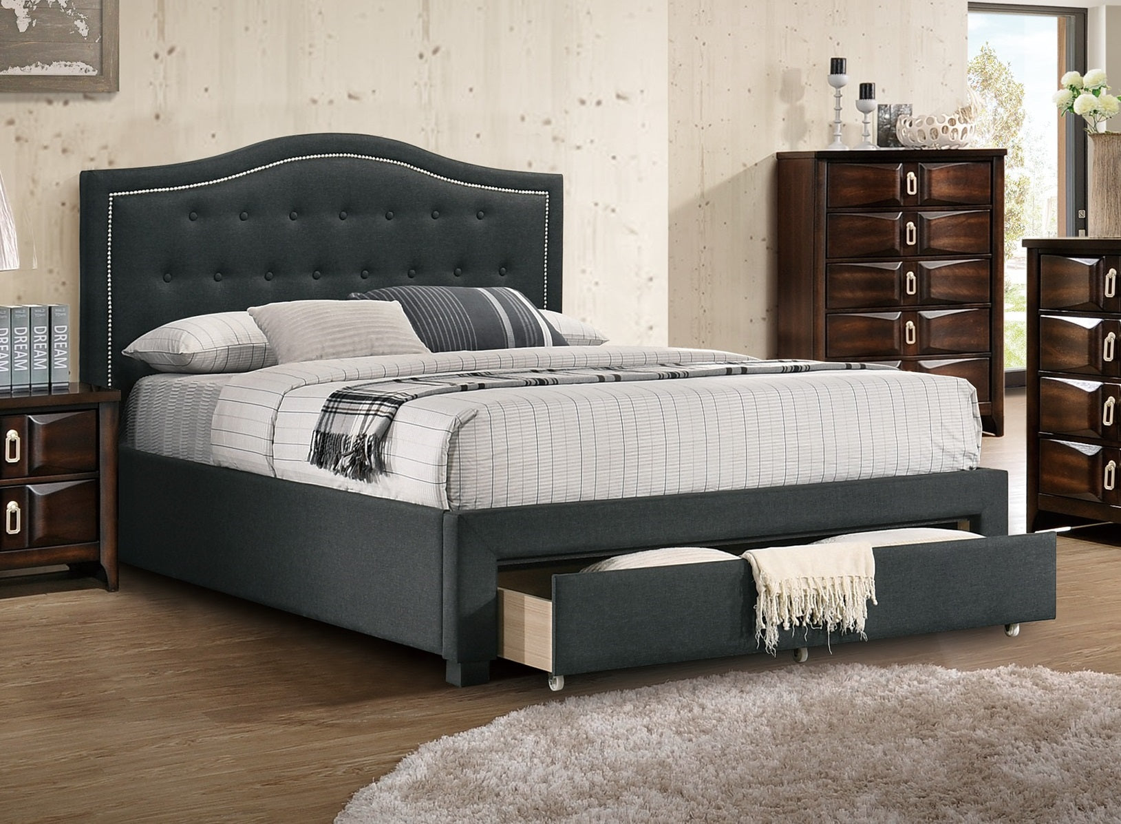 California King Size Bed 1pc Button Tufted Arch Design Headboard Storage Footboard Chaorcoal Finish Bedroom Furniture