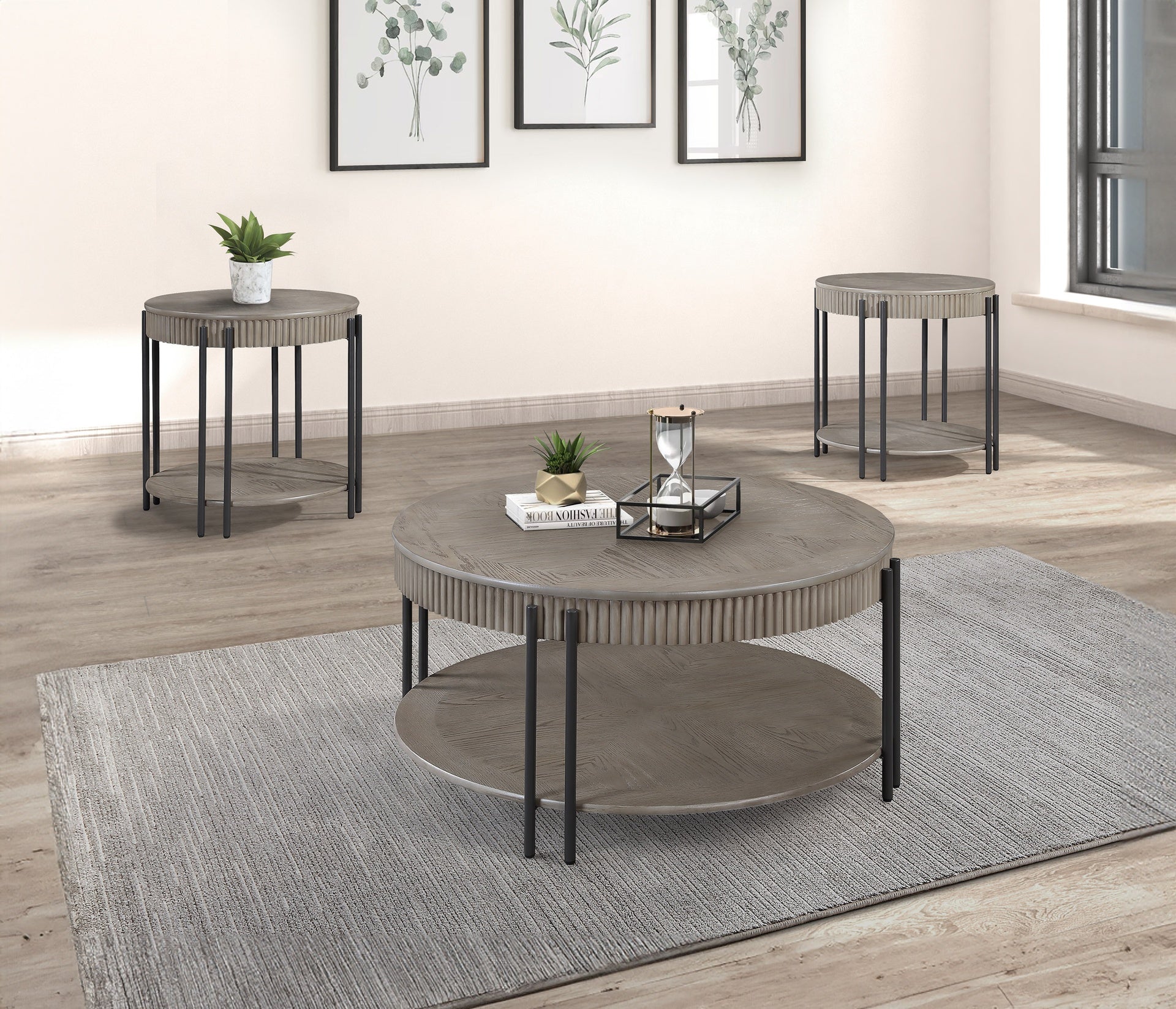3pc Contemporary Round Coffee Table and Two End Table with Storage Shelf Black Brown Tan / Beige Finish Living Room Wooden Modern Furniture