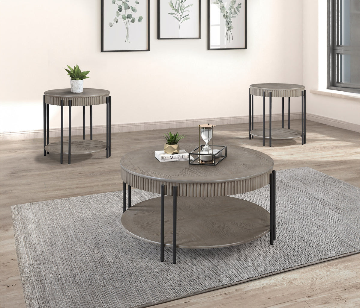 3pc Contemporary Round Coffee Table and Two End Table with Storage Shelf Black Brown Tan / Beige Finish Living Room Wooden Modern Furniture