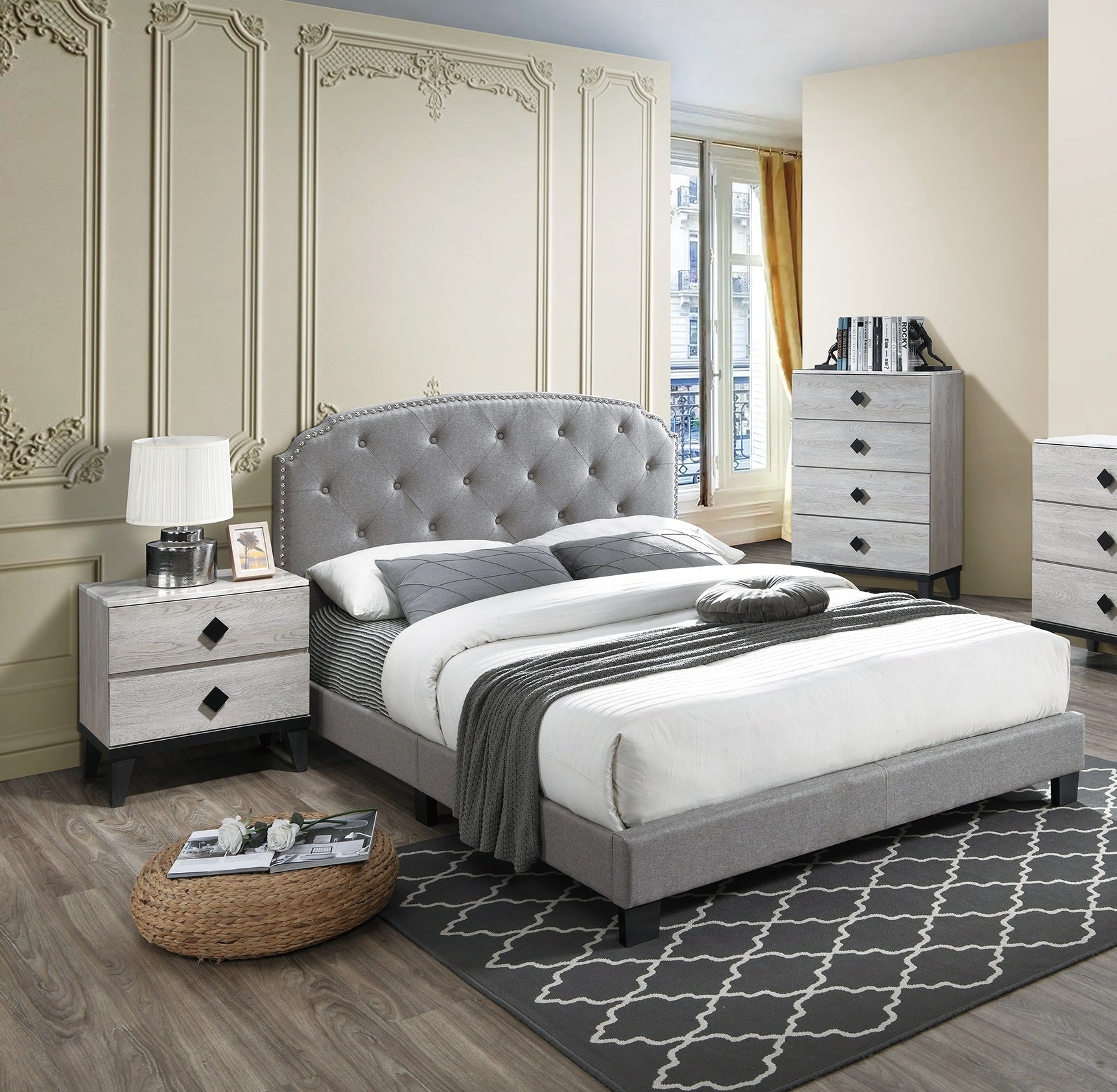 Light Gray Finish Queen Size 1pc Bed Nailhead Trim Button Tufted Burlap Fabric Bedroom Furniture