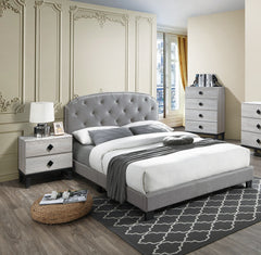 Light Gray Finish Queen Size 1pc Bed Nailhead Trim Button Tufted Burlap Fabric Bedroom Furniture