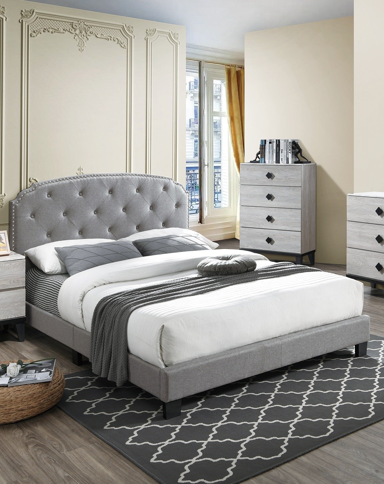 Light Gray Finish Queen Size 1pc Bed Nailhead Trim Button Tufted Burlap Fabric Bedroom Furniture