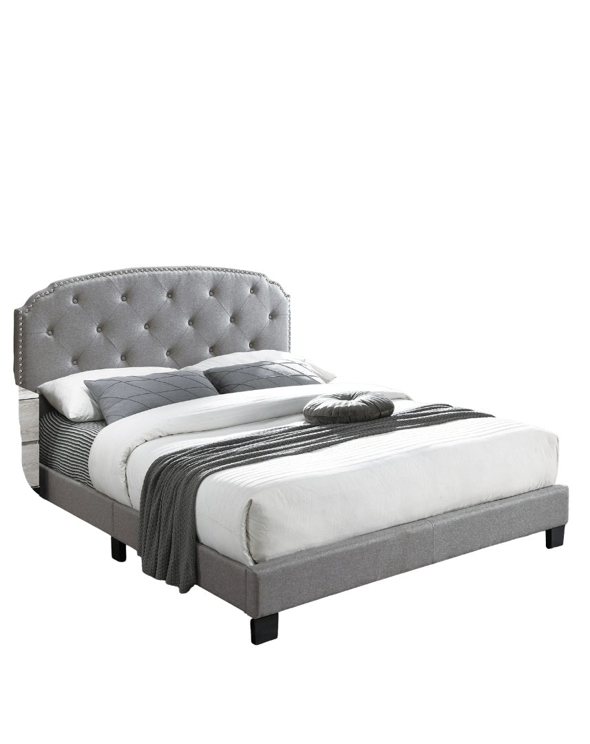 Light Gray Finish Queen Size 1pc Bed Nailhead Trim Button Tufted Burlap Fabric Bedroom Furniture