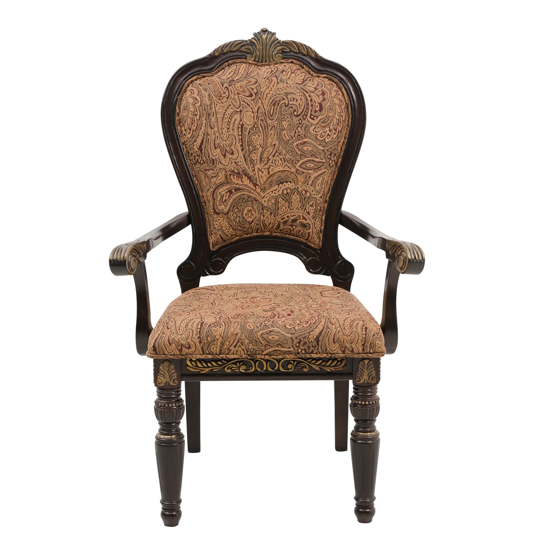 Traditional Formal Armchairs Set of 2 Cherry Finish with Gold Tipping Jacquard Fabric Upholstery Luxury Dining Furniture