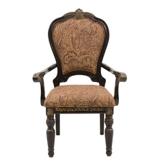 Traditional Formal Armchairs Set of 2 Cherry Finish with Gold Tipping Jacquard Fabric Upholstery Luxury Dining Furniture