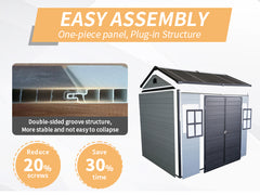 Upgraded 8x6ft Outdoor Resin Garden Shed with Floor and 2 Windows, Plastic Patio Outdoor Storage Shed with Lockable Door for Garden Tools, Bicycles, Trash Cans, Grey+Black