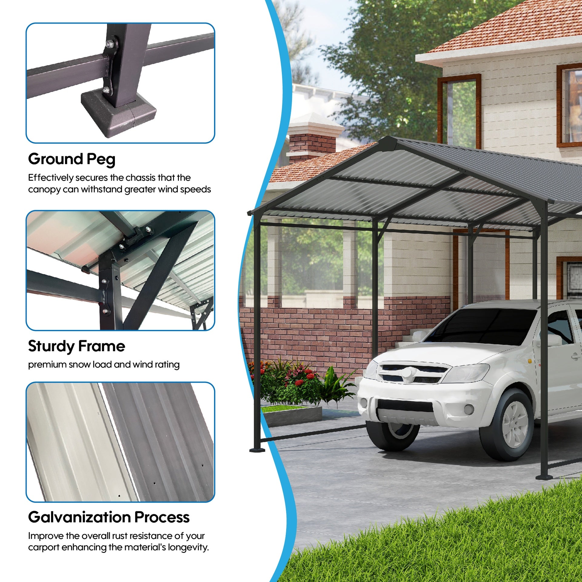 Metal Carport 10 ×15 FT Heavy Duty with Galvanized Steel Roof, Metal Garage Canopy with Galvanized Steel Roof & Frame, Car Tent Outdoor Storage Shed for Car, Boats and Truck, Gray