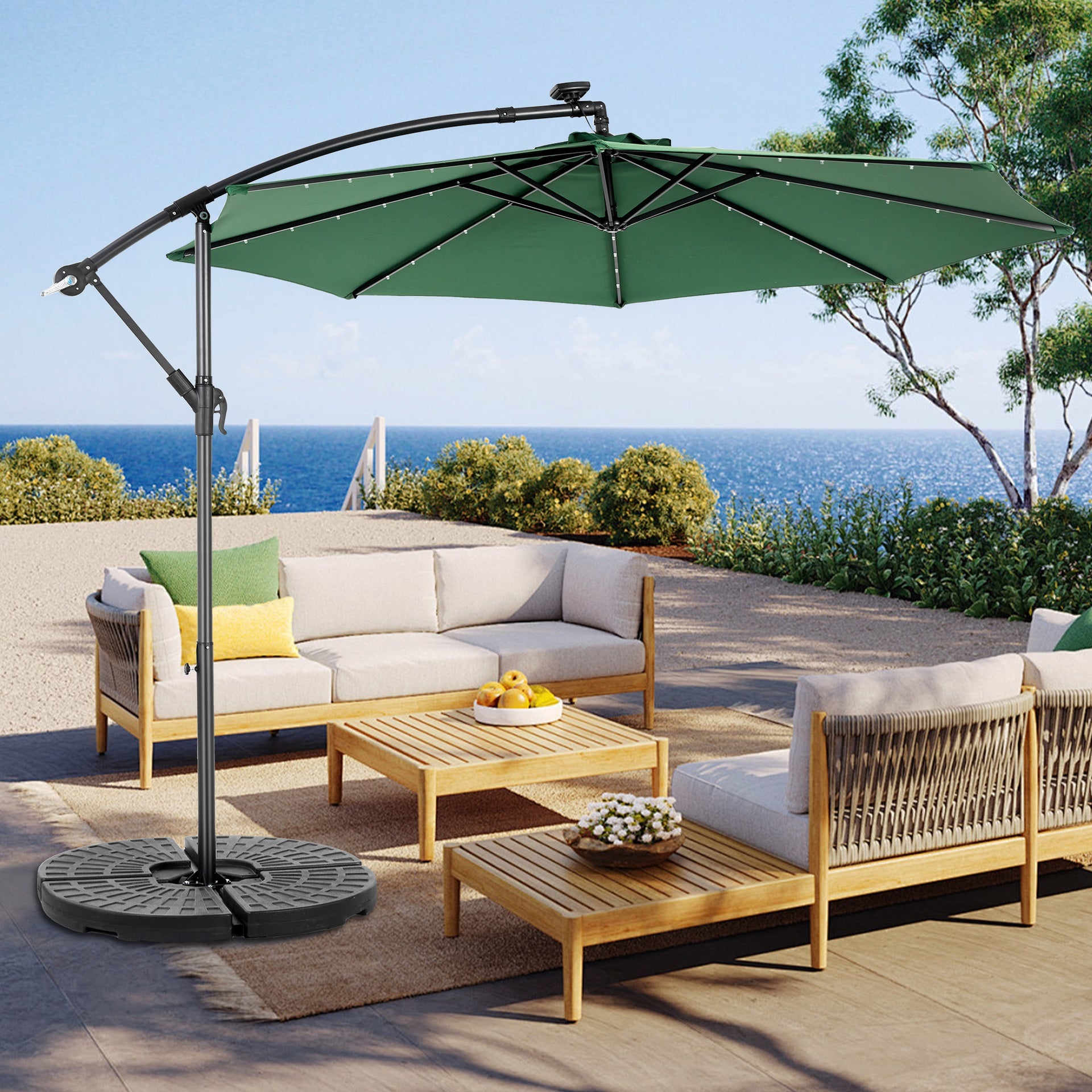 10ft Solar LED Offset Hanging Market Patio Umbrella  ( Dark green )(No Base)