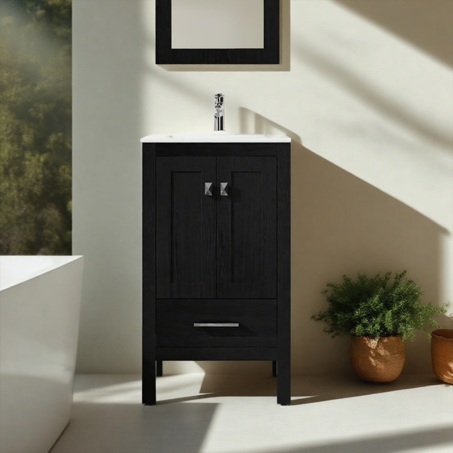 Goodyo 20 inch Bathroom Vanity Sink Combo Black Bathroom Cabinet with White Sink Top Black Water Grain Ripple Pattern